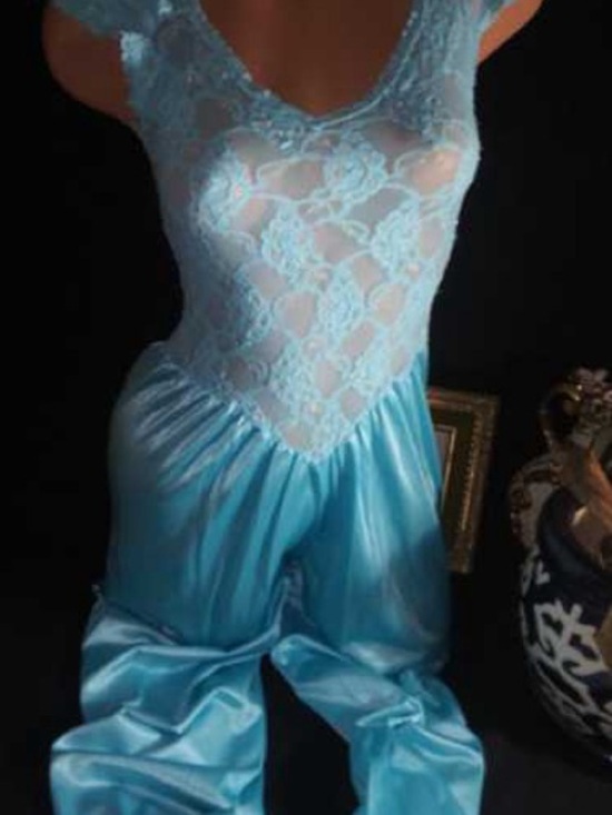 Lady Cameo Other - Sheer Lace Satin Jumpsuit in Sky Blue